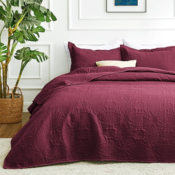 Quilt Set Burgundy Bedspreads Bedding - Soft Bed Lightweight Bedspreadforter Modern Style Pattern Coverlet For All Season 2 Pieces (1 1ow Sham)