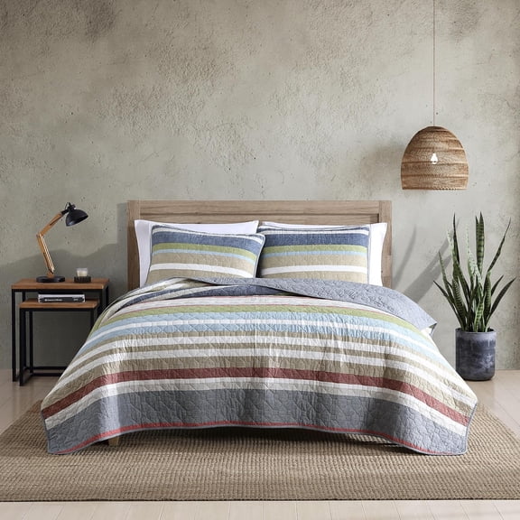 Quilt Set, Cotton Reversible Bedding with Matching Shams, Lightweight Home Decor for All Seasons (Salmon Ladder Multi, King)