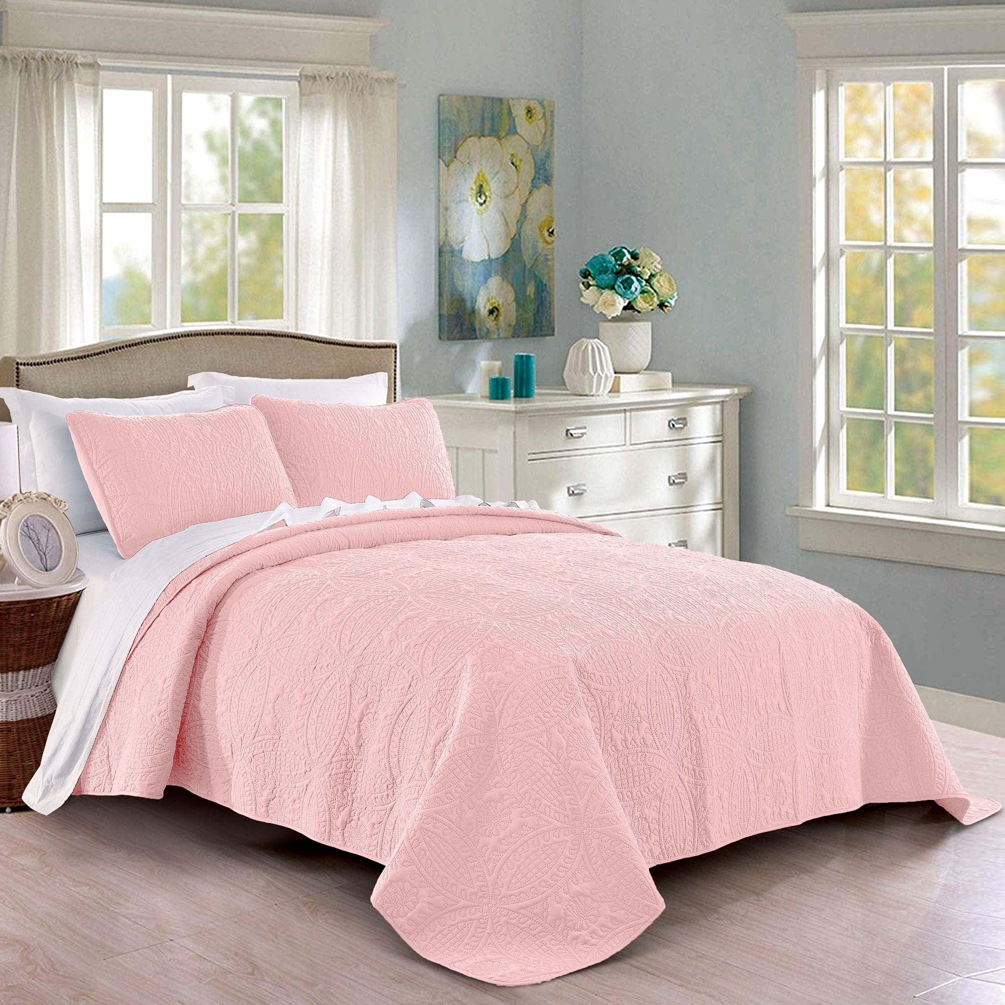 Quilt Set Full/Queen Size Baby Pink - Oversized Bedspread - Soft Microfiber  Lightweight Coverlet for All Season - 3 Piece Includes 1 Quilt and 2 Shams,  Geometric Pattern 