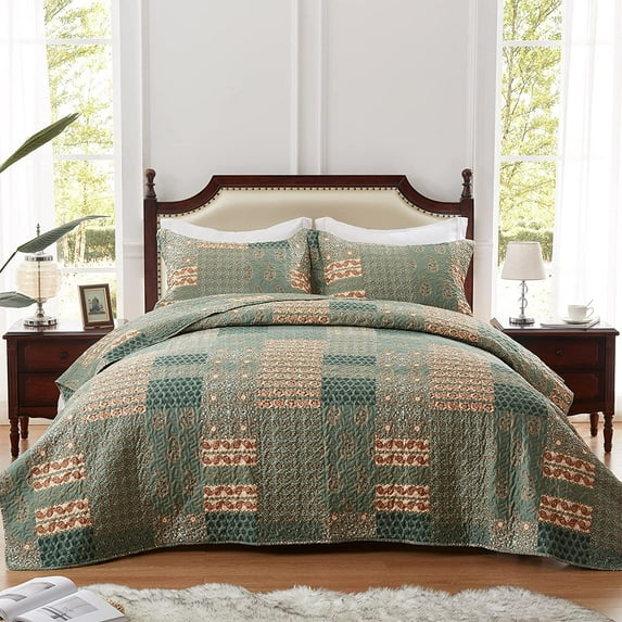 Quilt Set Full Queen Size Floral Paisley Olive Green Bedding with 2 Pillow Shams