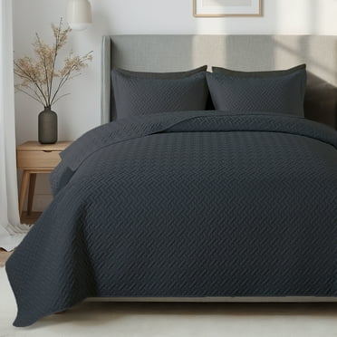 VCCOEM Quilt Set Full/Queen Lightweight Bedspreads with Basket Weave Pattern, Soft Summer Quilt Bedding Set Comforter Set Coverlet for All Seasons with 3 Piece (1 Quilt, 2 Pillow Shams), Dark Grey