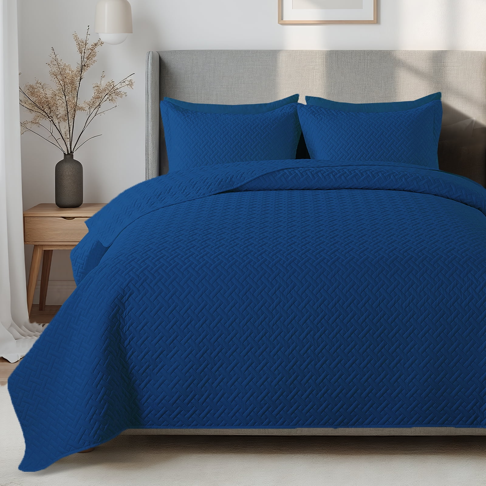 VCCOEM Quilt Set Full/Queen Size Lightweight Bedspreads, All Season Coverlet, 3 Piece (1 Quilt, 2 Pillow Shams), Woven Pattern, Navy Blue