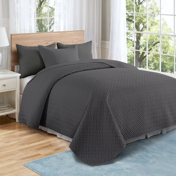 VCCOEM Quilt Set Full/Queen Size Lightweight Bedspreads, All Season Coverlet, 3 Piece (1 Quilt, 2 Pillow Shams), Woven Pattern, Dark Gray