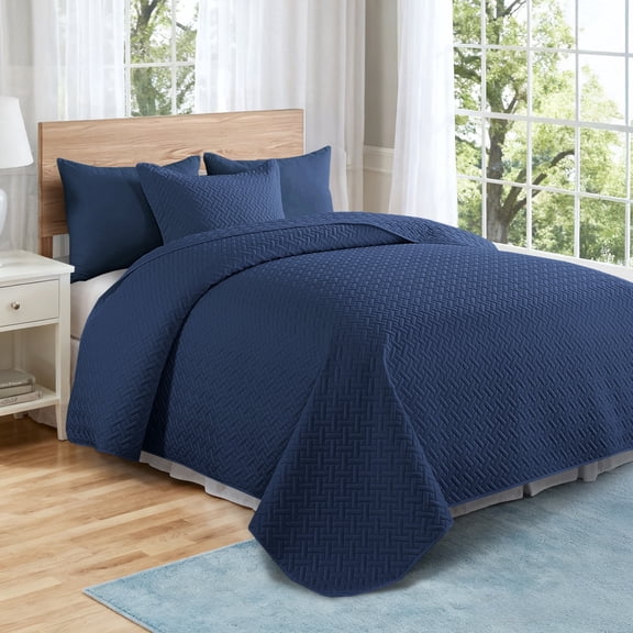 VCCOEM Quilt Set Full/Queen Size Lightweight Bedspreads, All Season Coverlet, 3 Piece (1 Quilt, 2 Pillow Shams), Woven Pattern, Navy Blue