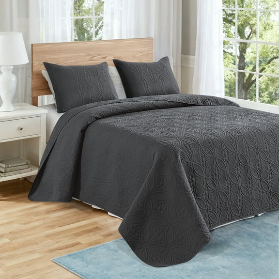 VCCOEM Quilt Set Full/Queen Size Lightweight Bedspreads, All Season Coverlet, 3 Piece (1 Quilt, 2 Pillow Shams), Coin Pattern, Dark Gray