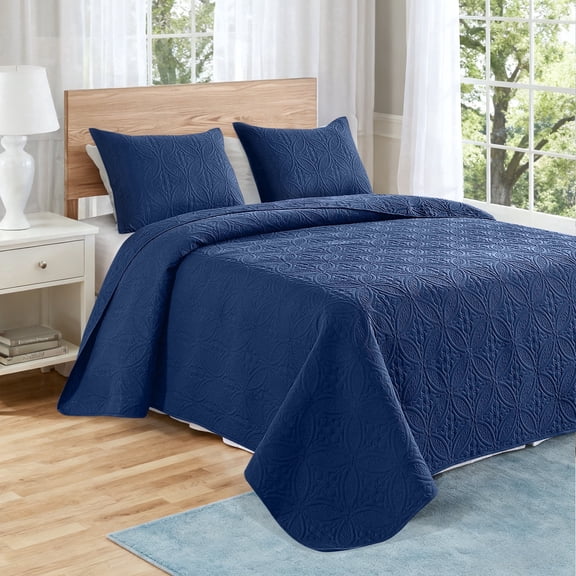 VCCOEM Quilt Set Full/Queen Size Lightweight Bedspreads, All Season Coverlet, 3 Piece (1 Quilt, 2 Pillow Shams), Coin Pattern, Navy Blue