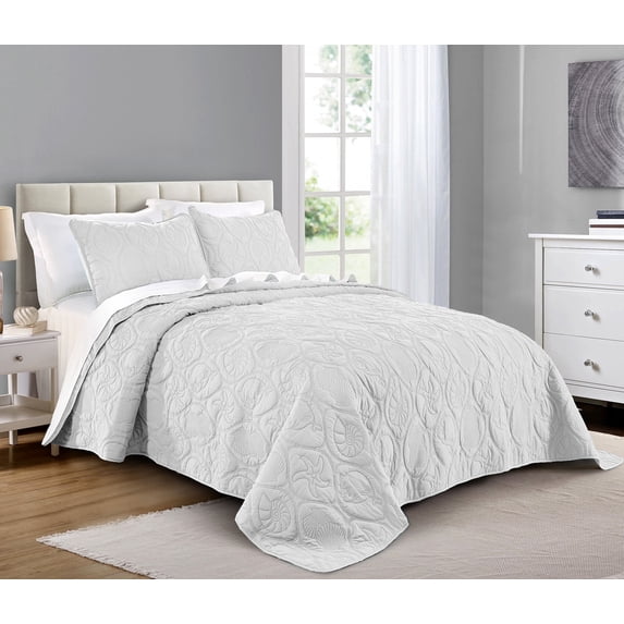 Quilt Set Full/Queen Size White - Oversized Bedspread - Soft Microfiber Coverlet for All Season - Includes 1 Quilt and 2 Shams, Ocean Star Pattern