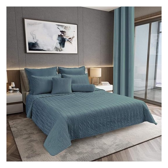 Quilt Set, Jewel Premium Heavy Collection, Cotton Backing, Cotton Batting, Full/Queen, Blue Green Slate