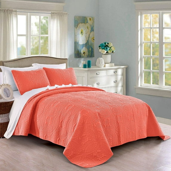Quilt Set King/Cal King/California King Size Coral - Oversized Bedspread - Soft Microfiber Lightweight Coverlet for All Season - 3 Piece Includes 1 Quilt and 2 Shams, Geometric Pattern