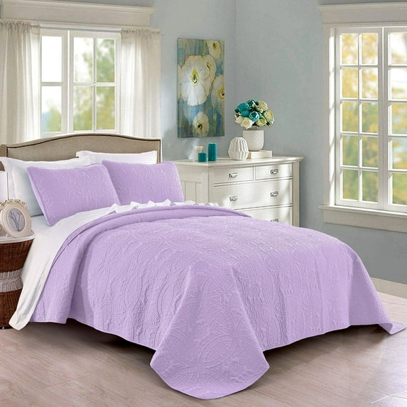 Quilt Set King/Cal King/California King Size Lilac - Oversized Bedspread - Soft Microfiber Lightweight Coverlet for All Season - 3 Piece Includes 1 Quilt and 2 Shams, Geometric Pattern