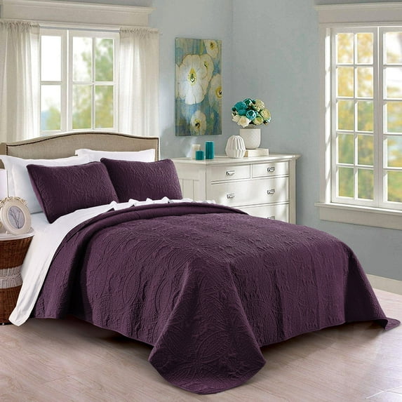 Quilt Set King/Cal King/California King Size Purple - Oversized Bedspread - Soft Microfiber Lightweight Coverlet for All Season - 3 Piece Includes 1 Quilt and 2 Shams, Geometric Pattern