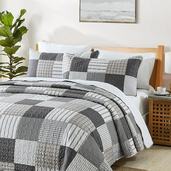 Quilt Set King Size, 3 Pieces Bedspread Coverlet Plaid Patchwork Quilt Farmhouse King Size Comforter Set Lightweight Bedding with 2 Pillow Covers Shams for All Season Gray Brown White