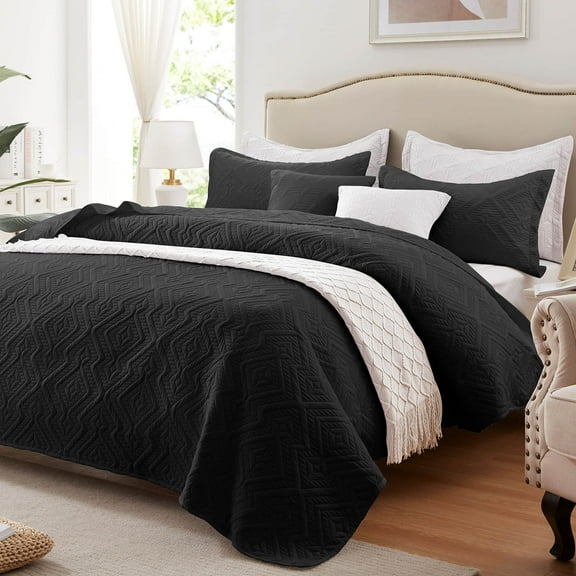 Quilt Set King Size 3 Pieces, Lightweight Black Bedspread-98''x106'', Soft Microfiber Summer Quilt/Coverlet,Luxurious Warm Bedding Sets for All Seasons (Includes 1 Quilt, 2 Shams)