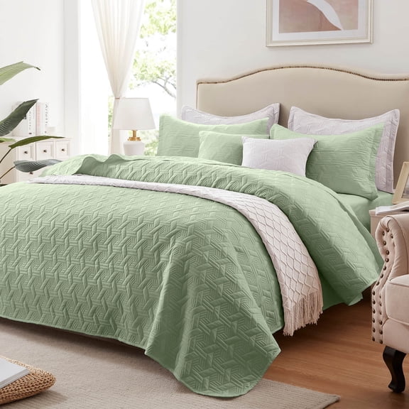 Quilt Set King Size 3 Pieces, Lightweight Sage Green Bedspread-98''x106'', Soft Microfiber Summer Quilt, Luxurious Warm Coverlet Set for All Seasons (Includes 1 Quilt, 2 Shams)