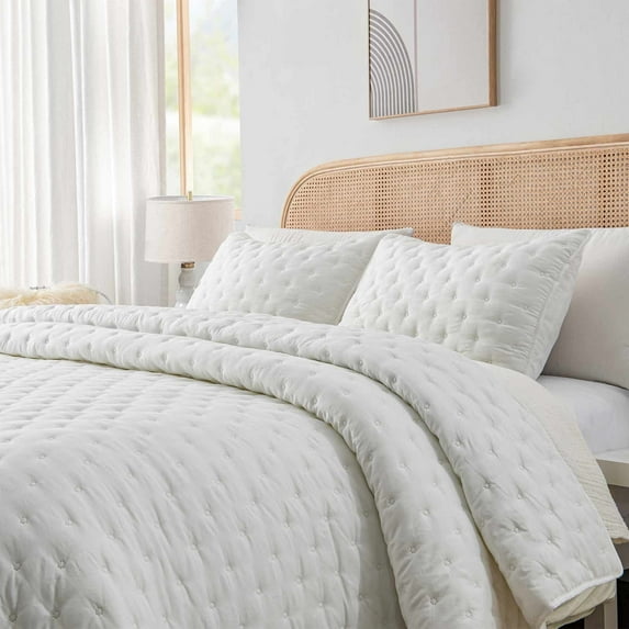 Quilt Set King Size , Greagle 3-Piece Bedspread Set for Spring Summer, Dotted Circle, White