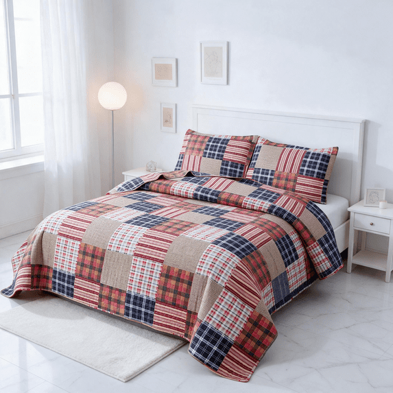Smuge 3 Piece King Size Reversible Check Plaid Patchwork Quilt Set, Lightweight Soft Microfiber Coverlet Bedspread,Red Navy Multi Tartan Plaid