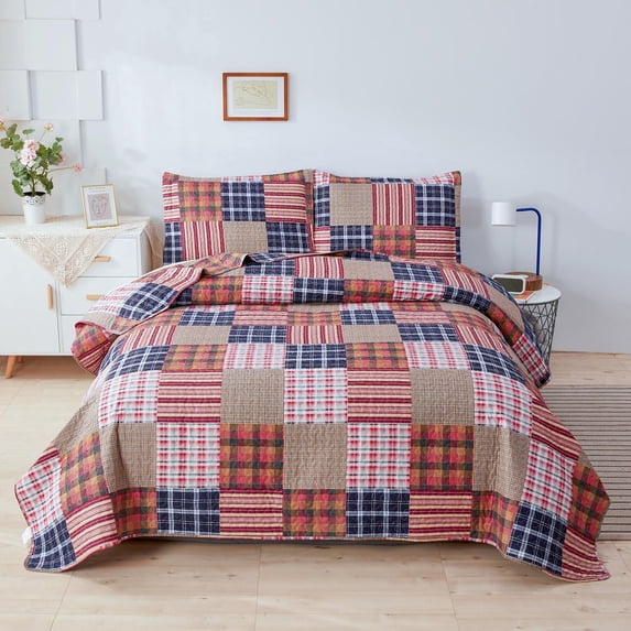 Smuge King Size Reversible Quilt Set, Soft Microfiber Lightweight Coverlet Bedspread, Red Plaid Patchwork All Season Bedding