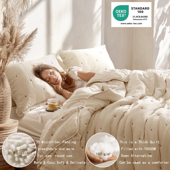 Quilt Set King Size- Lightweight Quilt Bedding Set with 2 Pillow Shams, Luxury Jump Stitch Design Bedspread Coverlet with Ruffled Lace, Pre-Washed Fabric, All Season(Camel)