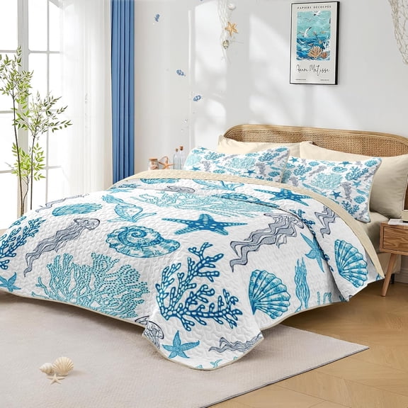 Quilt Set King Size, Ocean Beach Nature 3 Pcs Soft Bed Cover Bedding Set, Sea Animal Coastal Lightweight Bedspread Coverlet with 2 Pillow Sham for All Season