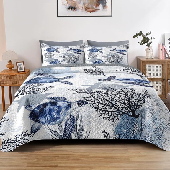 Quilt Set King Size, Ocean Sea Coral 3 Pcs Soft Bed Cover Bedding Set for Kids and Adults, Blue Animal Turtle Lightweight Bedspread Coverlet with Pillow Sham for All Season