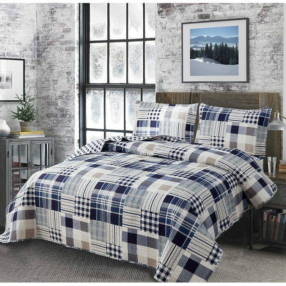 Quilt Set King Size Reversible Bedspread Coverlet Lightweight Quilt Bedspread Black White Buffalo Plaid Patchwork Bedding Soft Microfibers Modern Plaid Quilts Bedding Navy Blue Brown