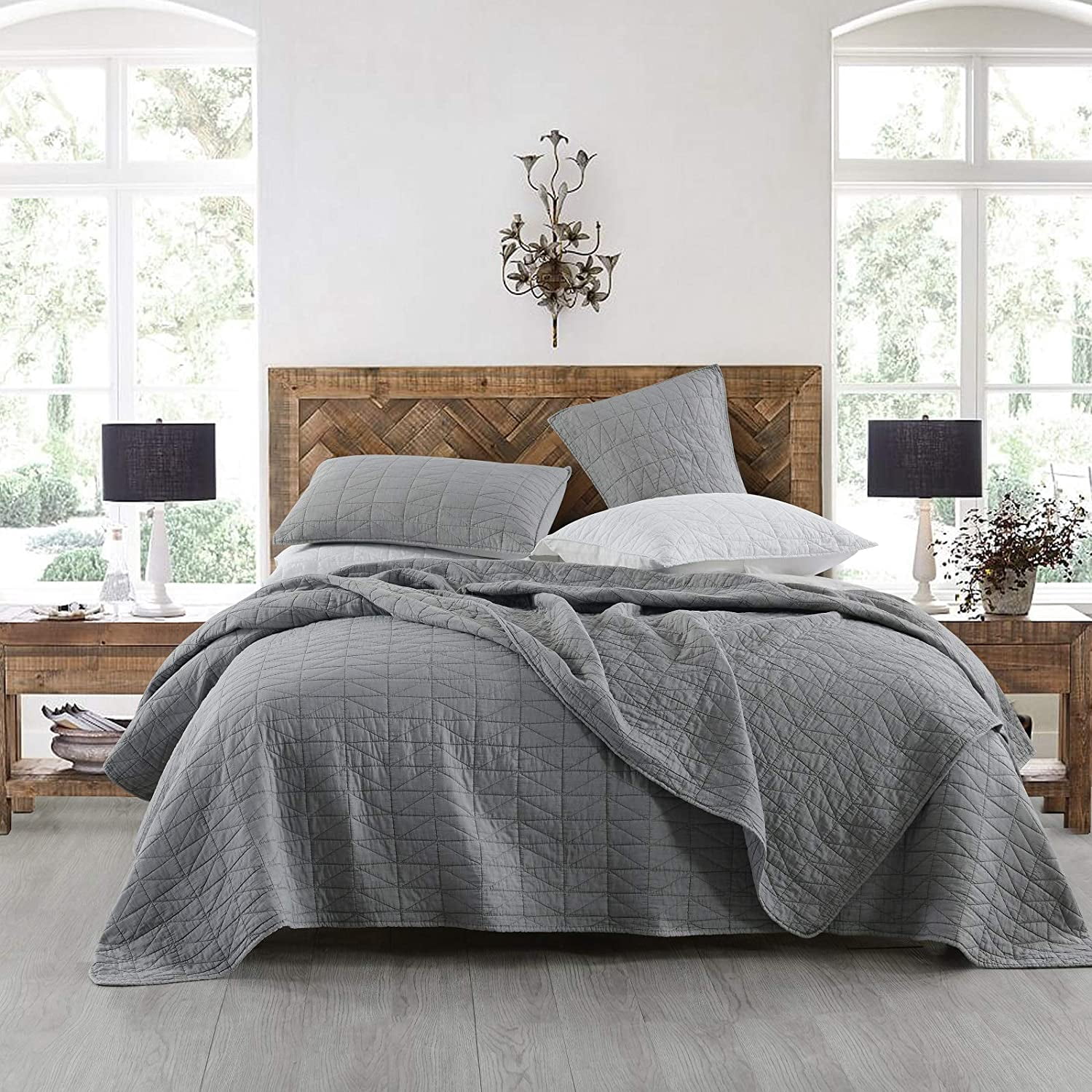 Rustic Simple Headstone Quilt Set King Size, Stone-Washed Rustic Grey Coverlet with Classic ...