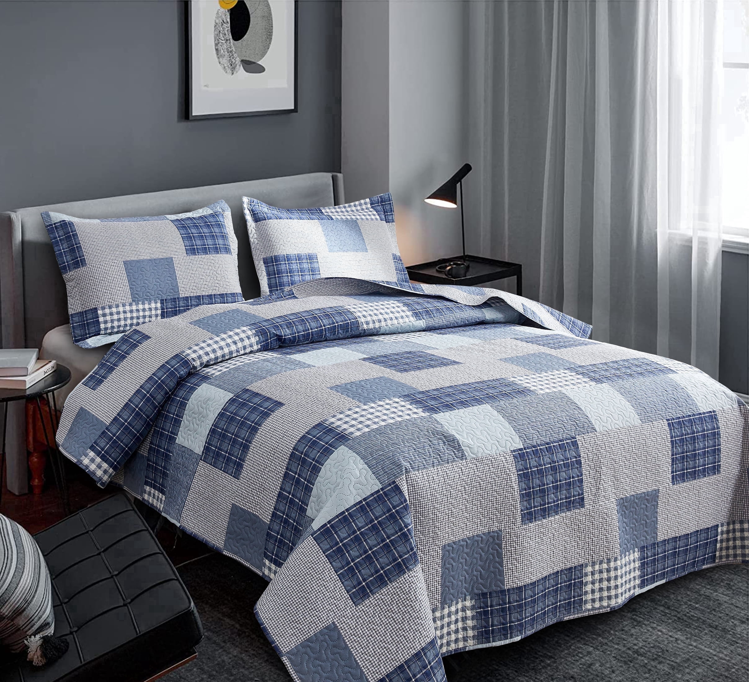 Smuge Full/Queen Size Reversible Quilt Set with Pillow Shams, Soft Microfiber Lightweight Coverlet Bedspread, Modern Blue White Plaid Bedding