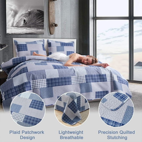 Quilt Set Queen/Full Size Lightweight Bedspread Coverlet Blue White Plaid Quilt Bedding Mens Home Quilt Reversible Quilt Bedspread Soft Microfibers Modern Quilt with Pillow Shams