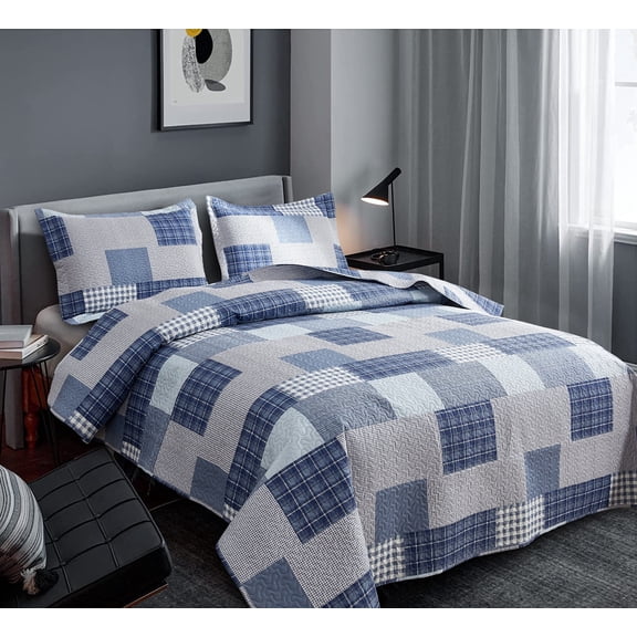 Quilt Set Queen/Full Size Lightweight Bedspread Coverlet Blue White Plaid Quilt Bedding Mens Home Quilt Reversible Quilt Bedspread Soft Microfibers Modern Quilt with Pillow Shams