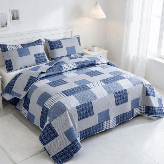 Smuge 3 Piece Full/Queen Size Reversible Check Plaid Patchwork Quilt Set, Lightweight Soft Microfiber Coverlet Bedspread,Blue White Grey Plaid
