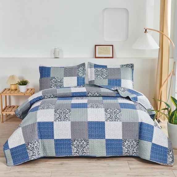 Quilt Set Queen/Full Size Lightweight Quilt Bedding Plaid Patchwork Bedding Twin Bedspread Coverlet Reversible Quilt Bedspread Microfibers Quilts for All Season