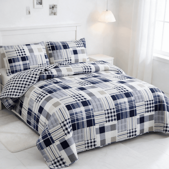 Smuge 3 Piece Full/Queen Size Reversible Check Plaid Patchwork Quilt Set, Lightweight Soft Microfiber Coverlet Bedspread,Navy Blue