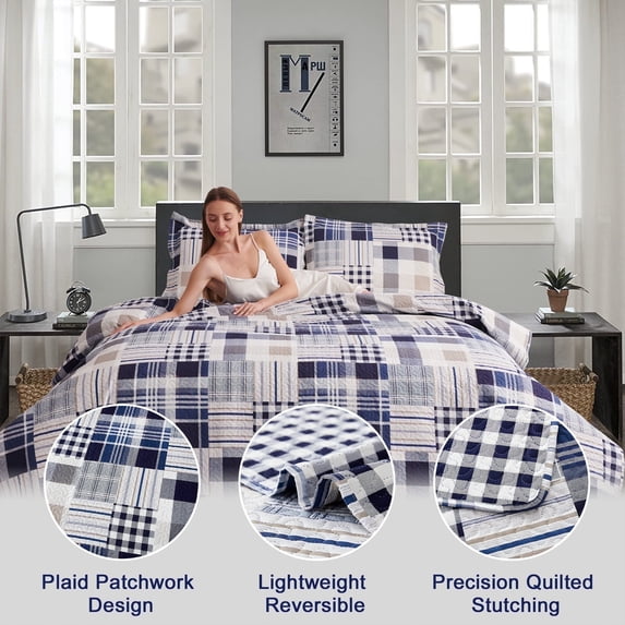 Quilt Set Queen/Full Size Reversible Bedspread Coverlet Lightweight Quilt Bedspread Black White Buffalo Plaid Patchwork Bedding Soft Microfibers Modern Plaid Quilts Bedding Navy Blue Brown