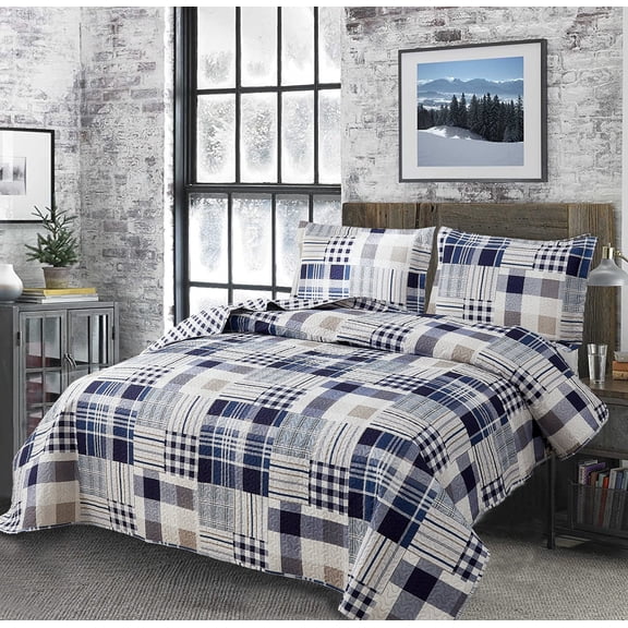 Quilt Set Queen/Full Size Reversible Bedspread Coverlet Lightweight Quilt Bedspread Black White Buffalo Plaid Patchwork Bedding Soft Microfibers Modern Plaid Quilts Bedding Navy Blue Brown