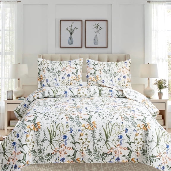 Green Essen Quilt Set Queen Size 3 Piece Bedspread Coverlet Home Lightweight Quilt Bedding Country Dark Scent Yellow Flower Quilt Soft Microfibers Quilt Bedspread with Pillow Shams
