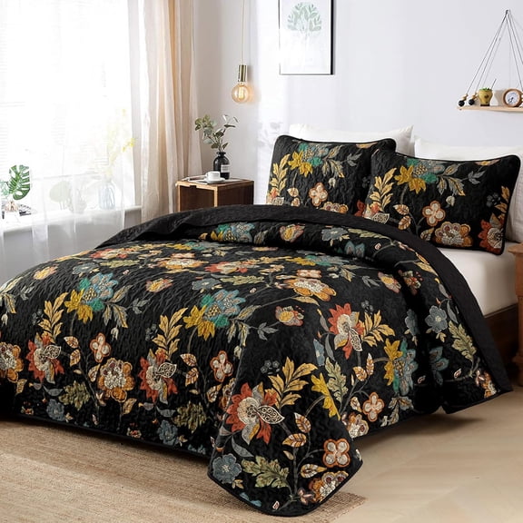 Quilt Set Queen Size,3 Pieces Vintage Botanical Bedspread Black Floral Quilt Bedding Set with 2 Pillowcases Soft Lightweight Microfiber Coverlet Set for All Season(96"X90")