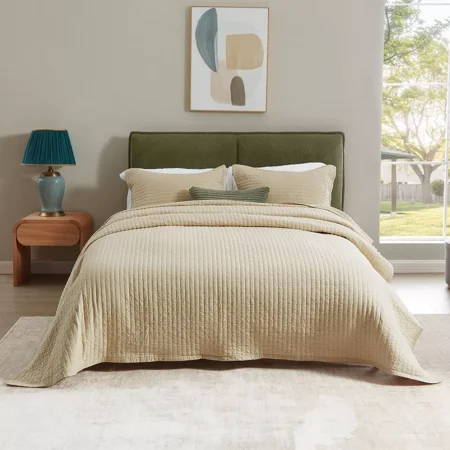 Quilt Set Queen Size, Bedspread Quilted Bedding Set, Reversible Lightweight Coverlet Set for All Season, 3 Pieces (Beige, 1 Quilt, 2 Pillow Shams)