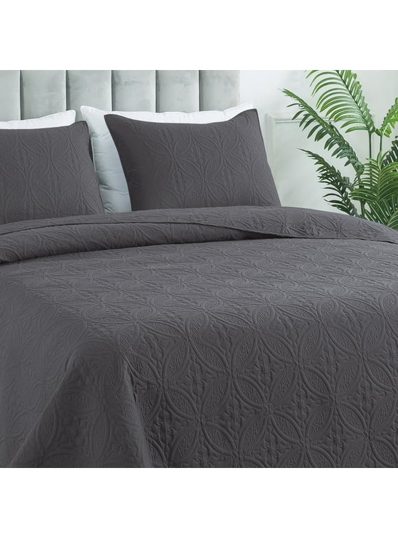 Quilt Set Queen Size - Lightweight Quilts Summer Bedspreads for All Season 3 Piece (1 Quilt, 2 Pillow Shams) - Dark Grey