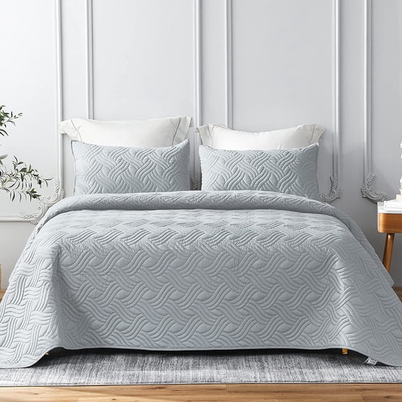 Quilt Set Queen Size, Soft Microfiber Lightweight Bedspread Coverlet Bed Cover (Wave Pattern) for All Seasons, Light Grey, 3 Pieces (Includes 1 Quilt, 2 Shams)