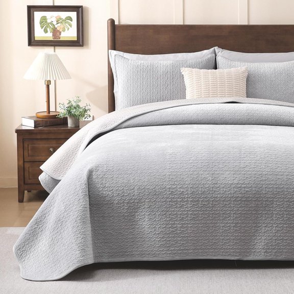 Quilt Set Size - 3- Lightweight Bedding, Soft Comforter, Bedspread Coverlet for , Soft Gray