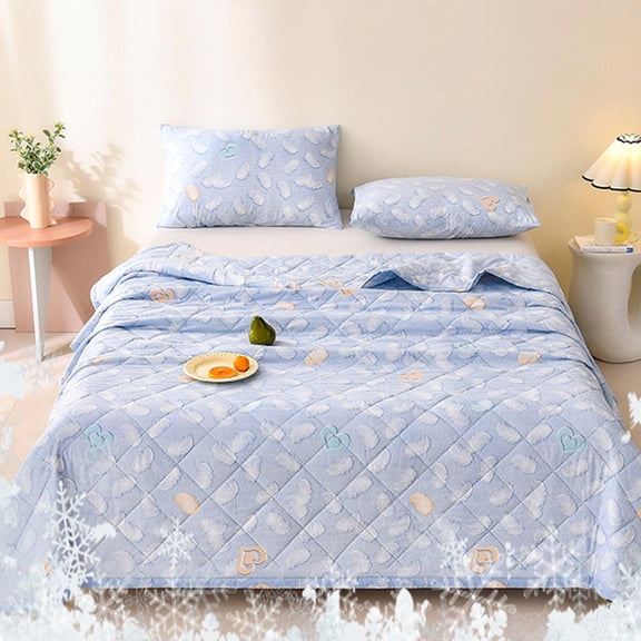 Quilt Set, Summer Cooling Sheet, 70.9x78.7in Heart and Feather Print Air Conditioning Quilt, Multicolor L