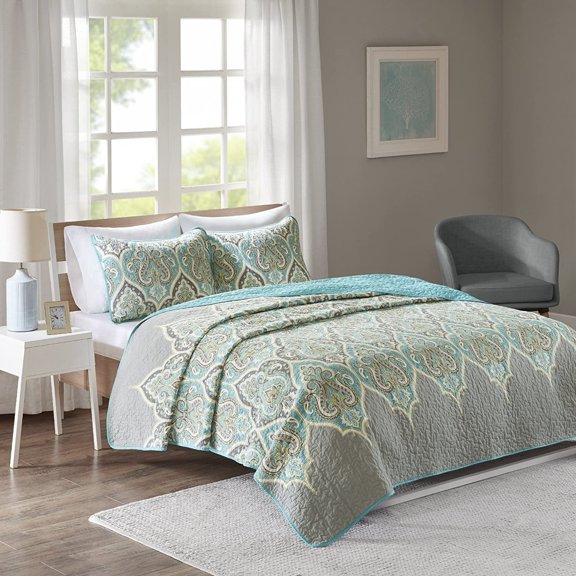 Quilt Set-Trendy Paisley Summer Cover, Cozy Coverlet Lightweight All Season Bedding Layer for Winter, Matching Shams, Full/Queen, Mona Paisley Teal