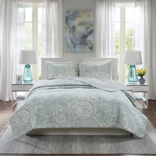 Quilt Set-Trendy Paisley Summer Cover, Cozy Coverlet Lightweight All Season Bedding Layer for Winter, Matching Shams, Full/Queen , Kashmir Paisley Blue