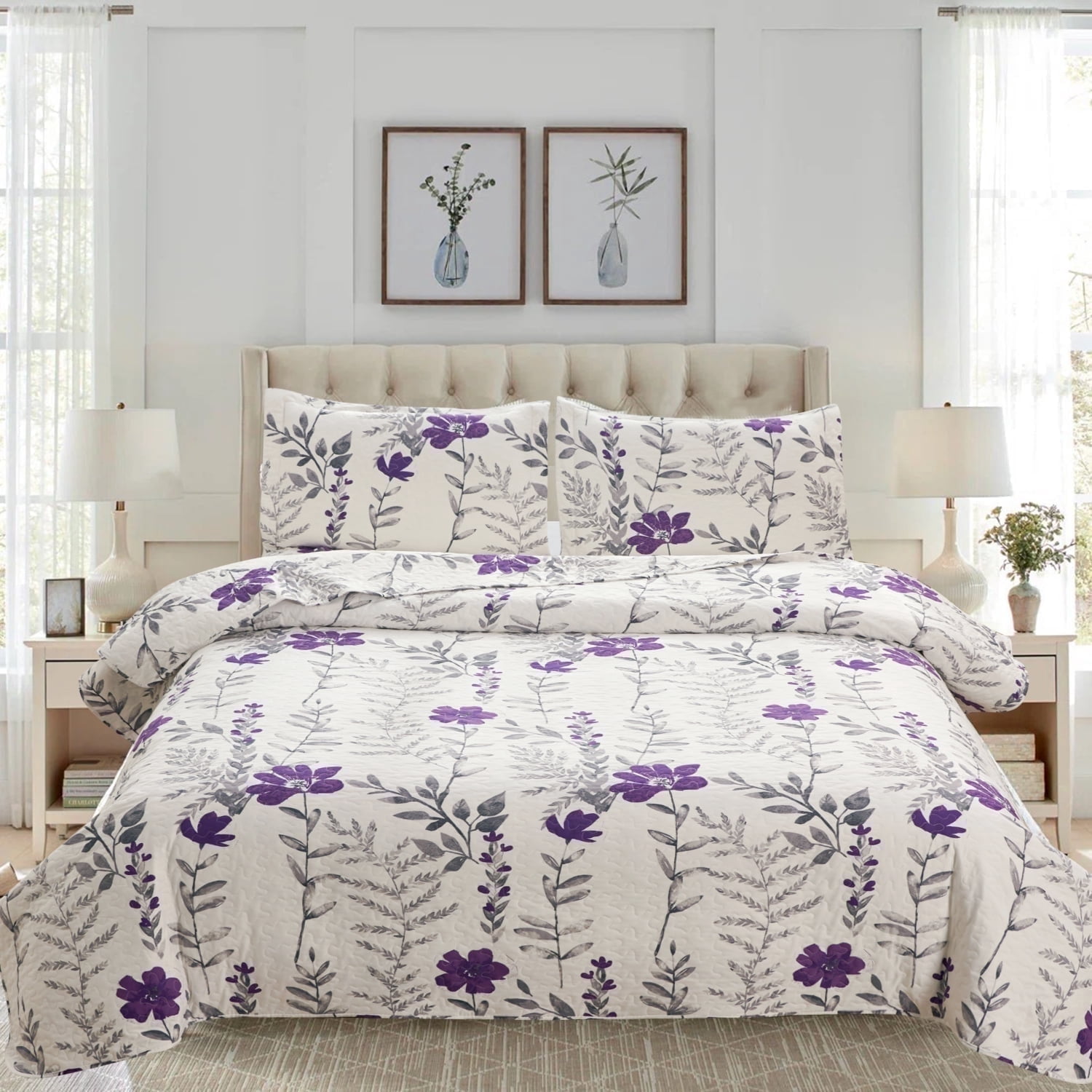 Green Essen Quilt Set Twin Size 3 Piece Bedspread Coverlet Home Lightweight Quilt Bedding Country Dark Scent Purple Flower Quilt Soft Microfibers Quilt Bedspread with Pillow Shams
