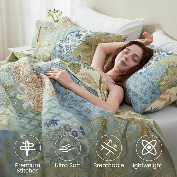 Quilt Set Twin Size,  Cotton Patchwork Green Bohemian Quilt Sets, Reversible Bedspread Lightweight and Breathable for All Seasons