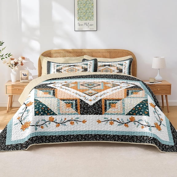 Quilt Set Twin Size, Farmhouse Floral 2 Pcs Soft Bed Cover Bedding Set, Boho Rustic Geometric Lightweight Bedspread Coverlet with Pillow Sham for All Season