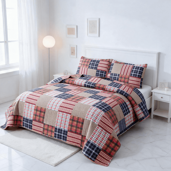 Smuge 3 Piece Twin Size Reversible Check Plaid Patchwork Quilt Set, Lightweight Soft Microfiber Coverlet Bedspread,Red Navy Multi Tartan Plaid
