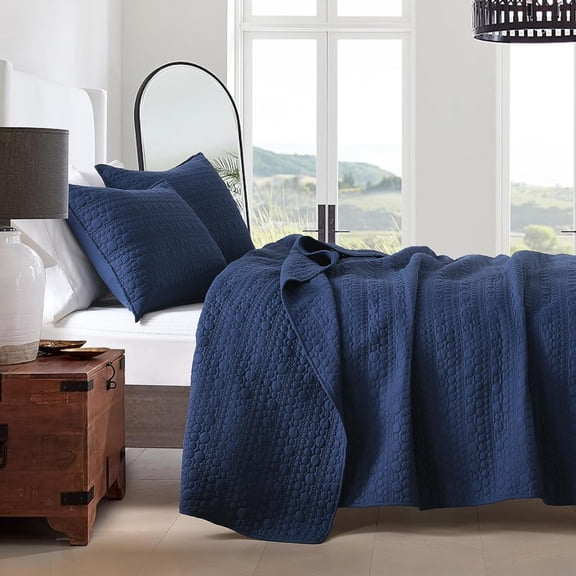 Quilt Set Twin Size Navy Blue, Classic Geometric Spots Stitched Pattern, Pre-Washed Microfiber Chic Rustic Look, Ultra Soft Lightweight Quilted Bedspread for All Season, 2 Pieces