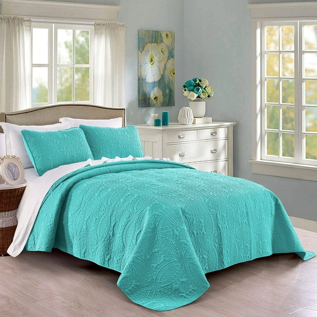 Quilt Set Twin/Twin XL Size Aqua Oversized Bedspread Soft