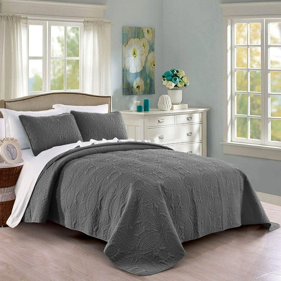 Quilt Set Twin/Twin XL Size Dark Grey - Oversized Bedspread - Soft Microfiber Lightweight Coverlet for All Season - 2 Piece Includes 1 Quilt and 1 Sham, Geometric Pattern